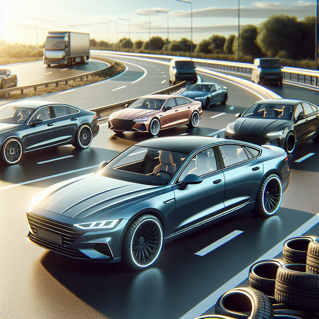 Imagine cu automobile moderne echipate cu anvelope Aplus, pe o sosea buna intr-o zi insorita, transmițând o atmosferă de încredere și calitate a acestor anvelope. Automobilele sunt diferite modele și culori, iar persoanele au un aspect european.