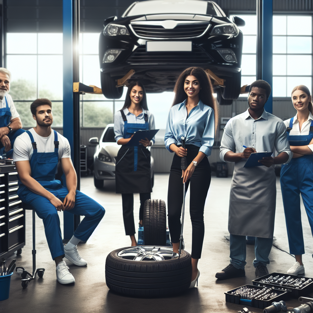 Imaginea care ilustreaza schimbul de anvelope intr-un service autorizat, cu clienti multumiti si manageri, realizata in stil de fotografie profesionala.