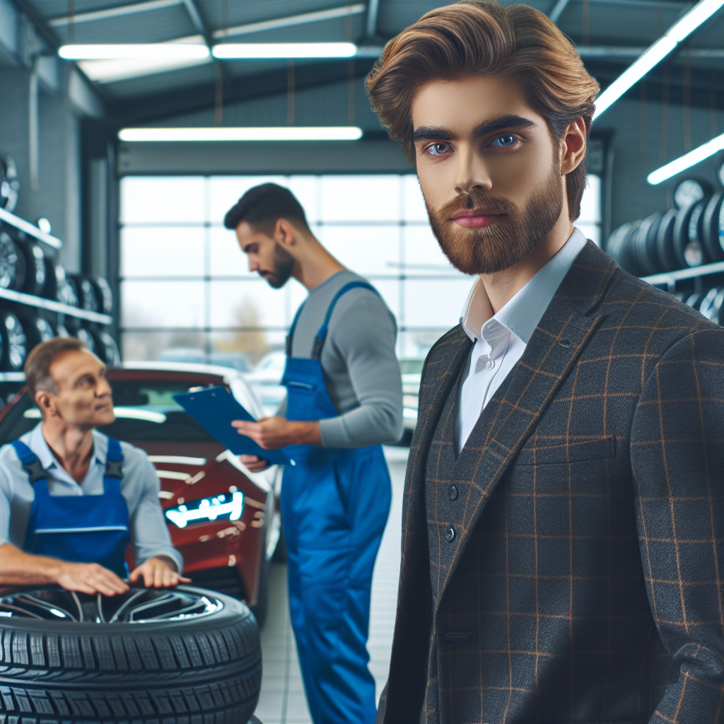 Imaginea unui client care alege anvelope Antares intr-un service auto, pe fundalul unui mecanic profesionist care ofera sfaturi, cu trasaturi europene pe fata acestuia.