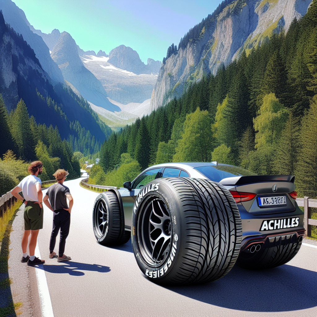 Imagine cu anvelopele Achilles montate pe un automobil parcat pe o strada pitoreasca, inconjurata de copaci verzi, cu oameni de tip european langa automobil, evaluand anvelopele.