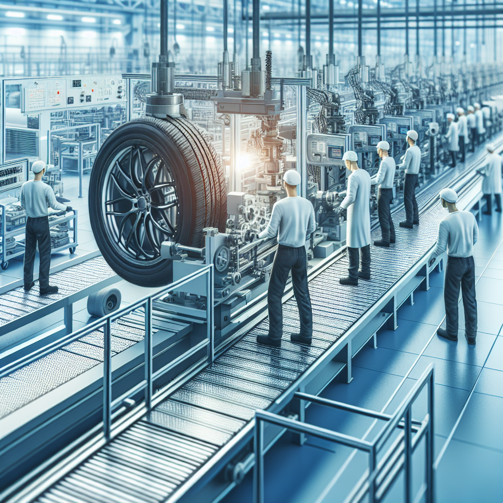 Imagine cu linii de producție unde se fabrică anvelope Aplus, scena este modernă și tehnologică, punând accent pe calitatea superioară a materialelor și echipamentului, iar persoanele au un aspect european.