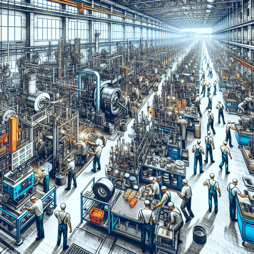 Imagine cu muncitori la fabrica Austone, care lucreaza la producerea anvelopelor, precum si etapele de control al calitatii. Toate persoanele ar trebui sa aiba un aspect european.