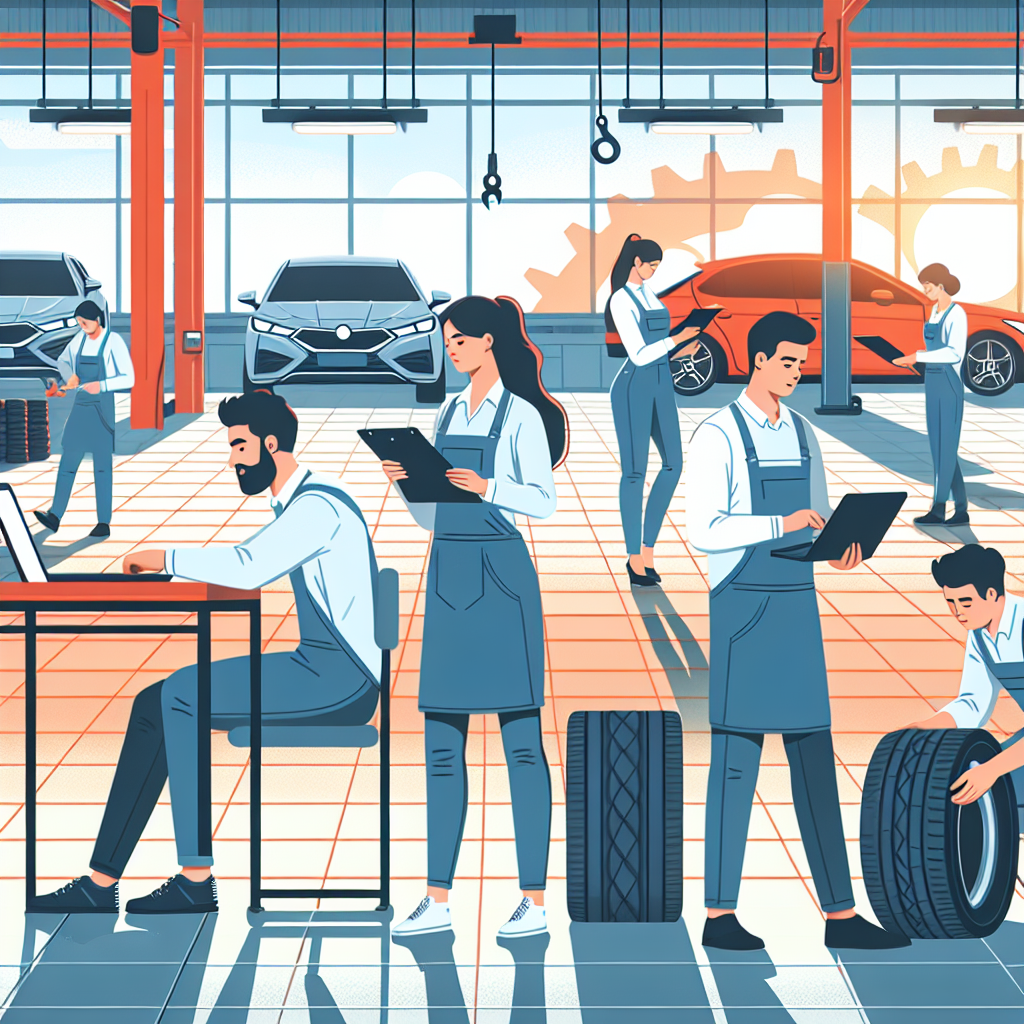 Imagine cu profesionisti ai unui service auto, lucrand cu anvelope Aoteli, intr-un atelier cald. Aspectul tuturor oamenilor este de tip european.