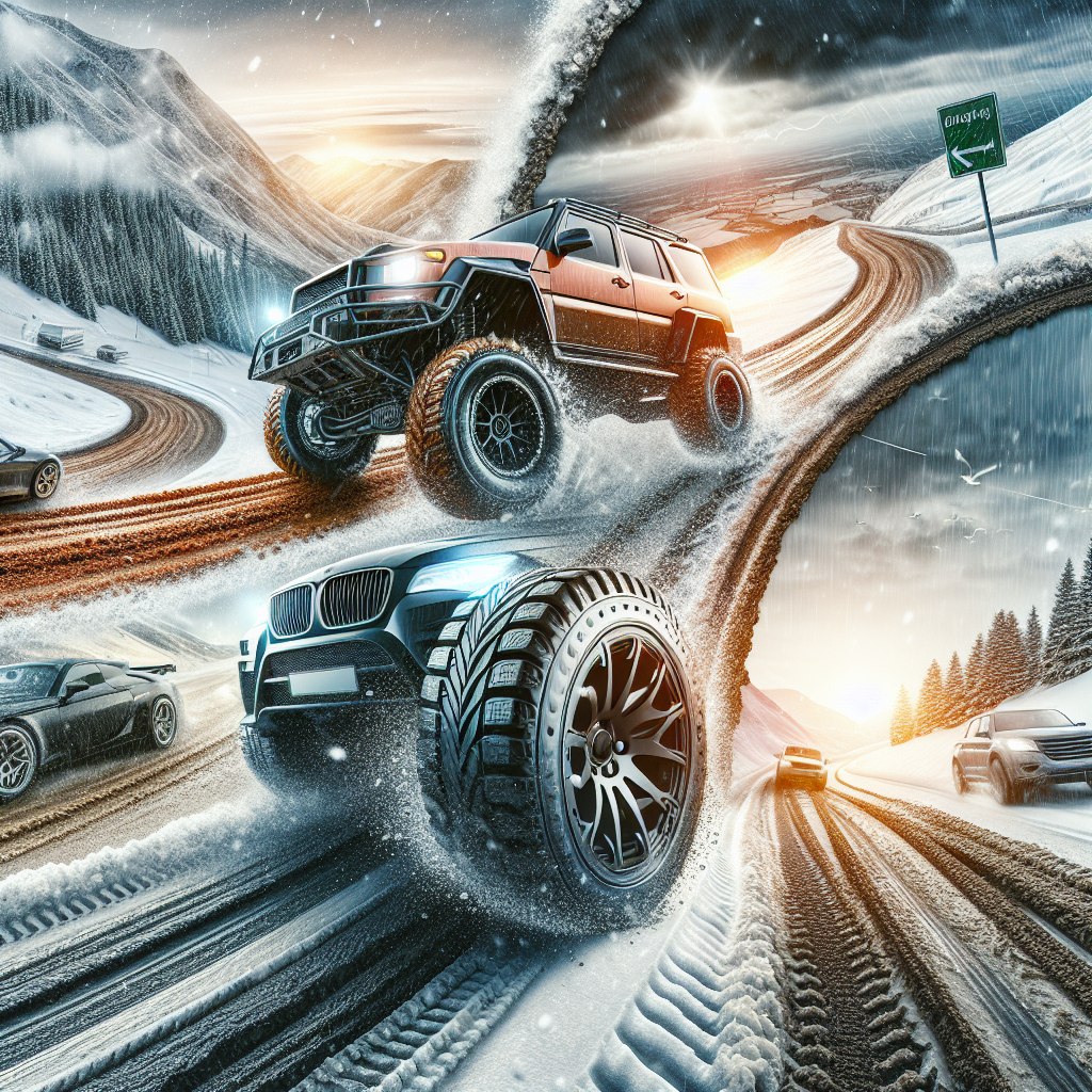 Imaginea unui automobil echipat cu anvelope Joyroad, care se descurca in diverse conditii de drum, cum ar fi zapada, ploaie si noroi, realizata in stil de fotografie profesionala.