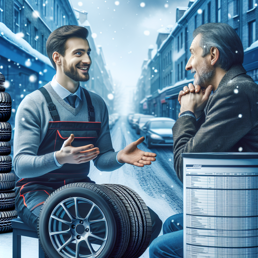 Imaginea unui profesionist dintr-un service auto, explicand clientului caracteristicile anvelopelor Antares, pe fundalul unor strazi acoperite de zapada, cu trasaturi europene in cazul clientilor.