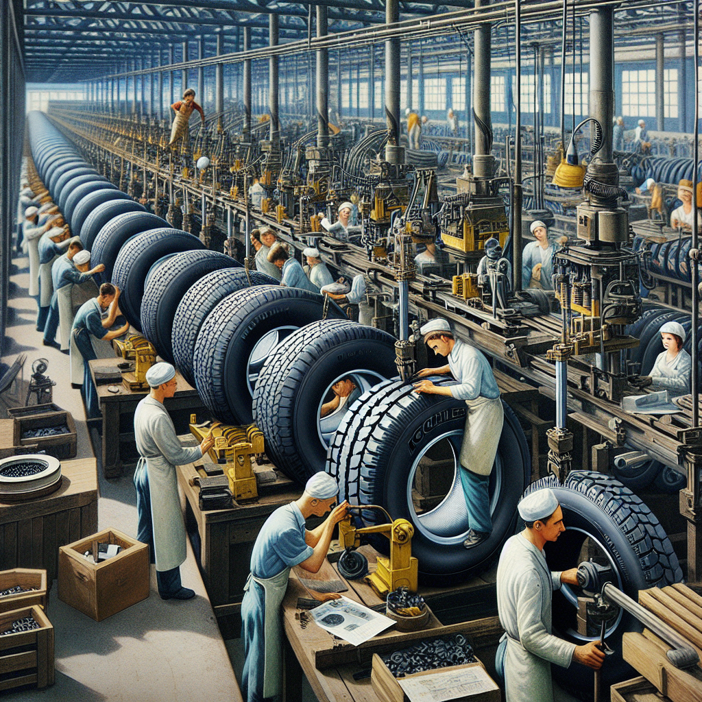 Imagine cu anvelopele Achilles in fata unei fabrici din Indonezia, cu echipamente moderne si muncitori care verifica calitatea produselor, oameni de tip european lucrand pe linia de productie.