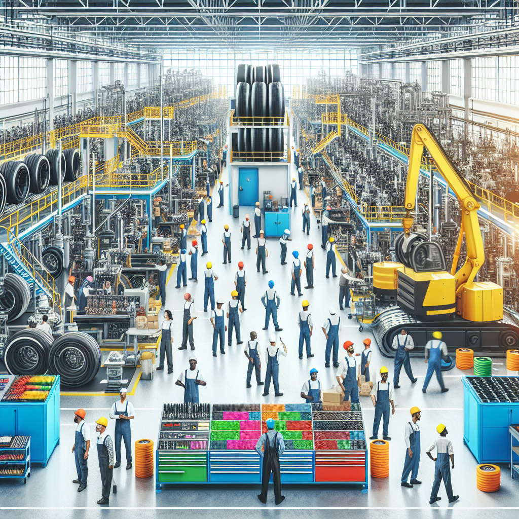 Imagine a unei fabrici de anvelope Aplus în China, dotată cu echipamente moderne și muncitori din diverse profesii. Scena este vibrantă și clară, evidențiind tehnologia și amploarea producției, iar persoanele au un aspect european.