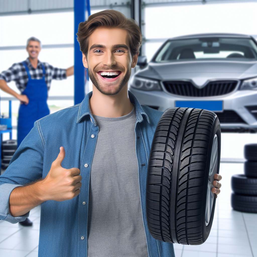 Imagine cu un sofer fericit care isi arata noile anvelope Aoteli in fata unei masini, pe fundalul unui service auto. Aspectul tuturor oamenilor este de tip european.