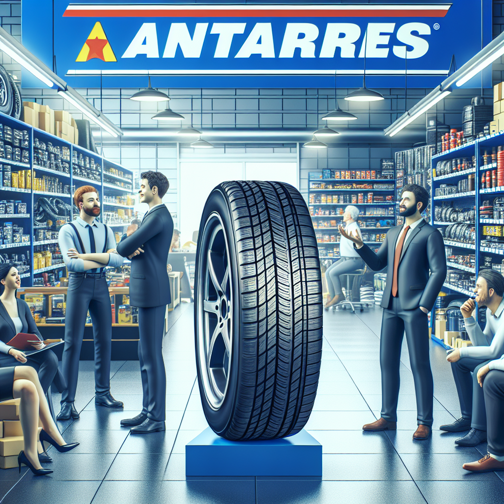 Изображение шины Antares на фоне автомагазина с довольными клиентами, обсуждающими качество и надежность шин, имеющими европейские черты лиц.