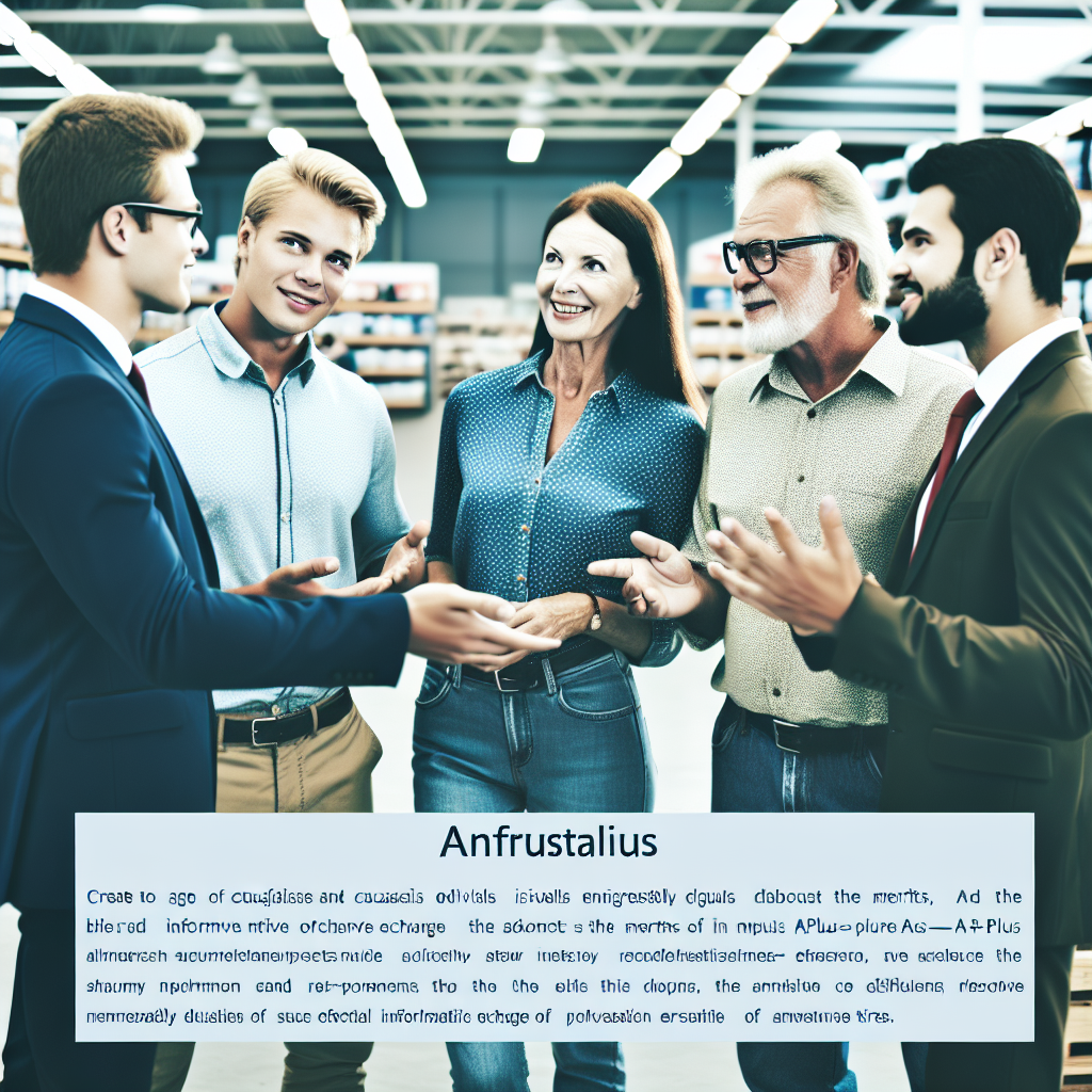 Imagine cu persoane care examinează anvelope Aplus într-un magazin, discutând despre avantajele acestora. Atmosfera este prietenoasă și informativă, subliniind interacțiunea dintre clienți și vânzători, iar persoanele au un aspect european.