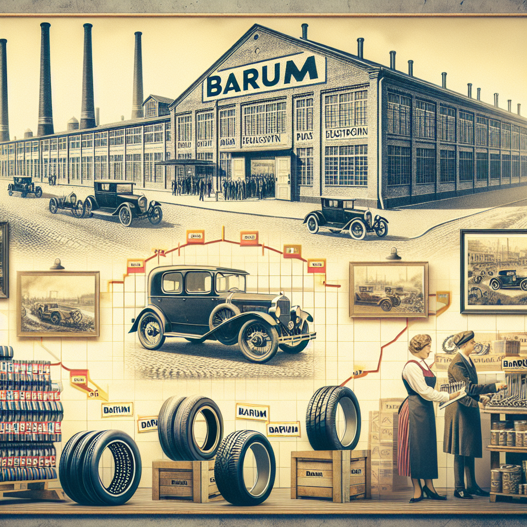 История компании Barum, представленная с визуальными элементами, включая старые фотографии завода, шины Barum и клиентов, выбирающих шины в магазине. Все люди на изображении имеют европейскую внешность.