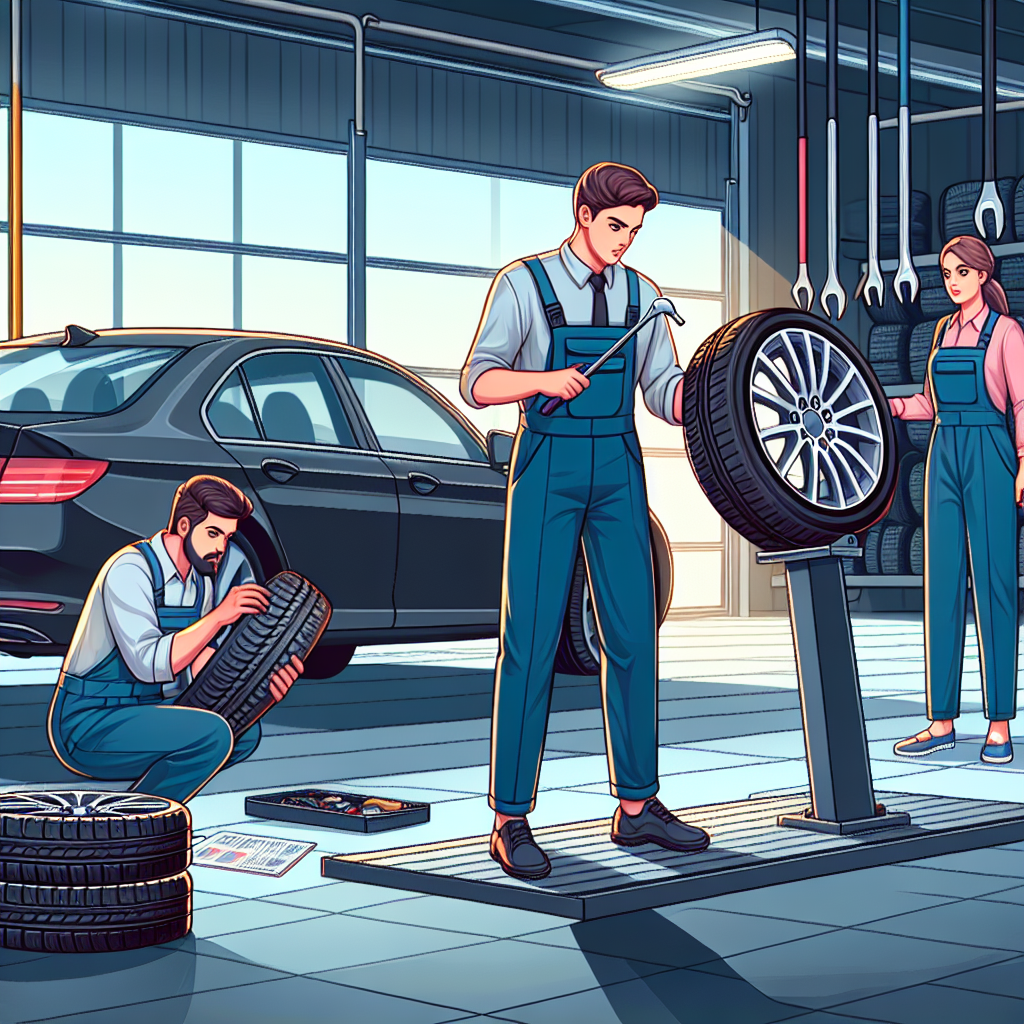 Imagine cu un mecanic profesionist dintr-un service auto care schimba anvelopele Aoteli pe masina unui client, demonstrand procesul de schimbare. Aspectul tuturor oamenilor este de tip european.