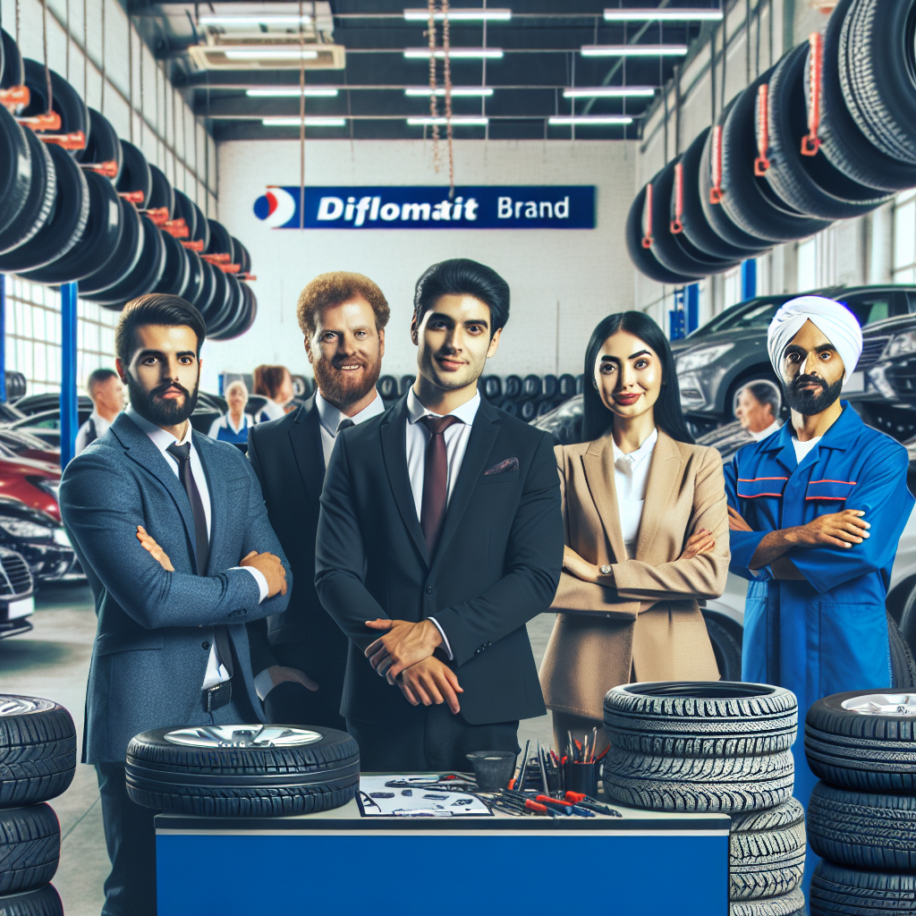 Imagine cu oameni care cumpara anvelope marca Diplomat intr-un service auto, inconjurati de profesionisti si echipamente. Fundal - un service auto modern cu un numar suficient de masini si anvelope.