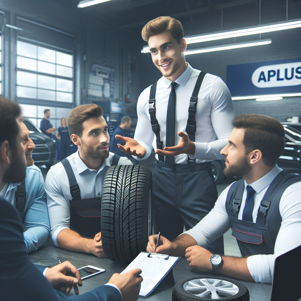 Автосервис с сотрудниками, обсуждающими выбор шин Aplus с клиентом в дружелюбной и информативной обстановке, передающей атмосферу профессионализма и помощи. Все люди на изображении европейского типа.