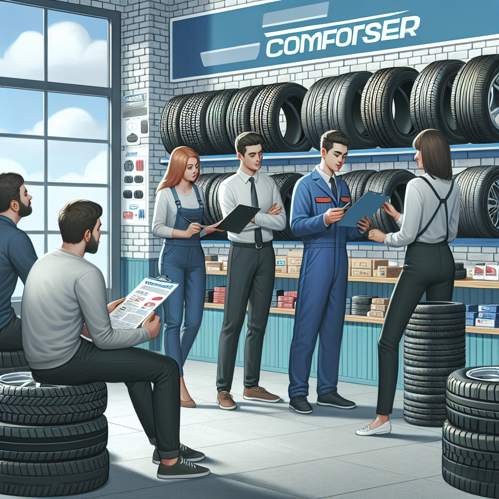 Imaginea procesului de selectare a anvelopelor comforser intr-un service auto: clienti consultandu-se cu specialistii, privindu-se la mostrele de anvelope si discutand despre avantajele lor, astfel incat sa arate ca o fotografie. Aspectul tuturor persoanelor ar trebui sa fie de tip european.