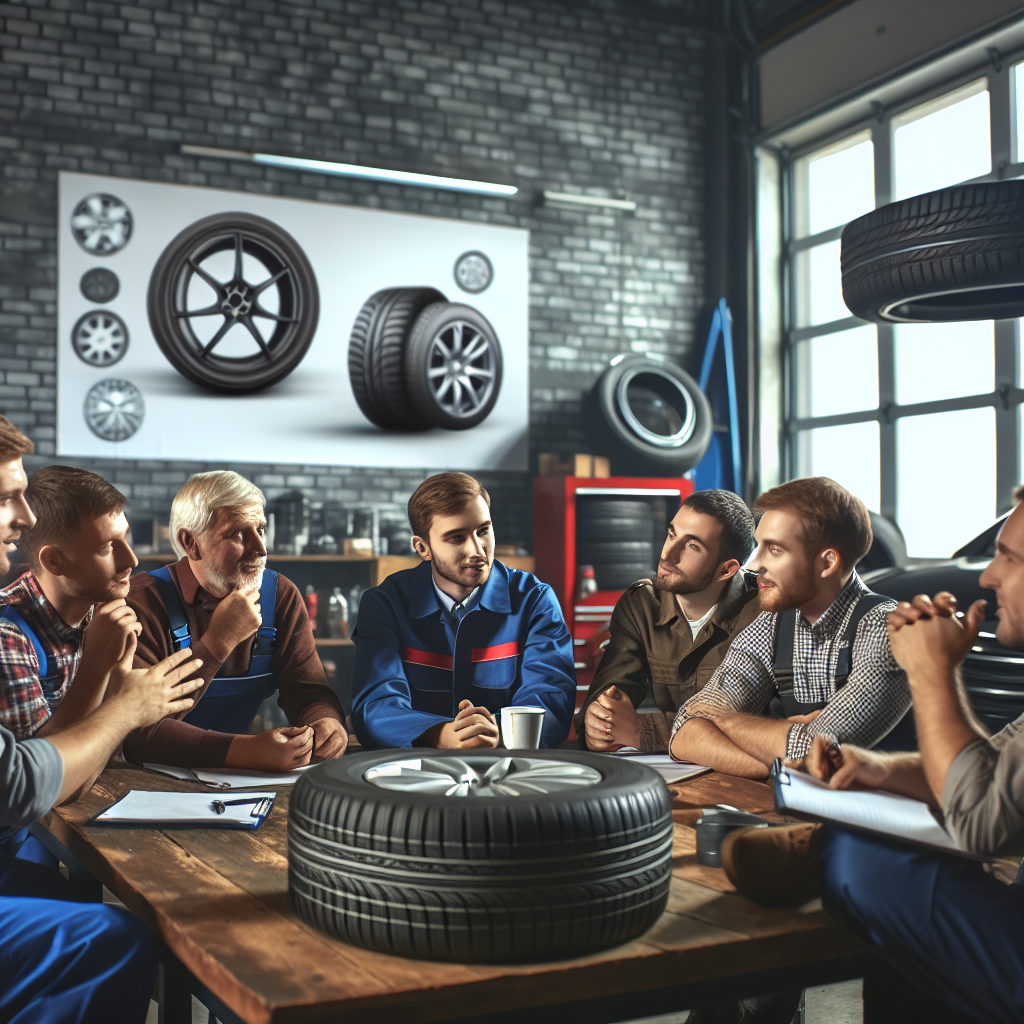 Imagine cu un grup de soferi care discuta despre anvelopele Aoteli, demontand miturile despre acestea intr-o atmosfera confortabila a unui service auto. Aspectul tuturor oamenilor este de tip european.