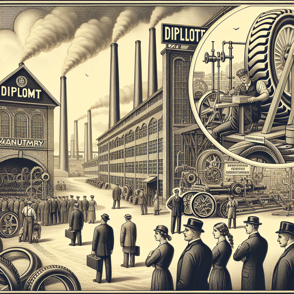 Imagine a unei anvelope marca Diplomat in fata fabricii unde a fost produsa, cu o descriere detaliata a echipamentului de productie si a procesului de testare a anvelopelor. Aspectul oamenilor din imagine - europeni.