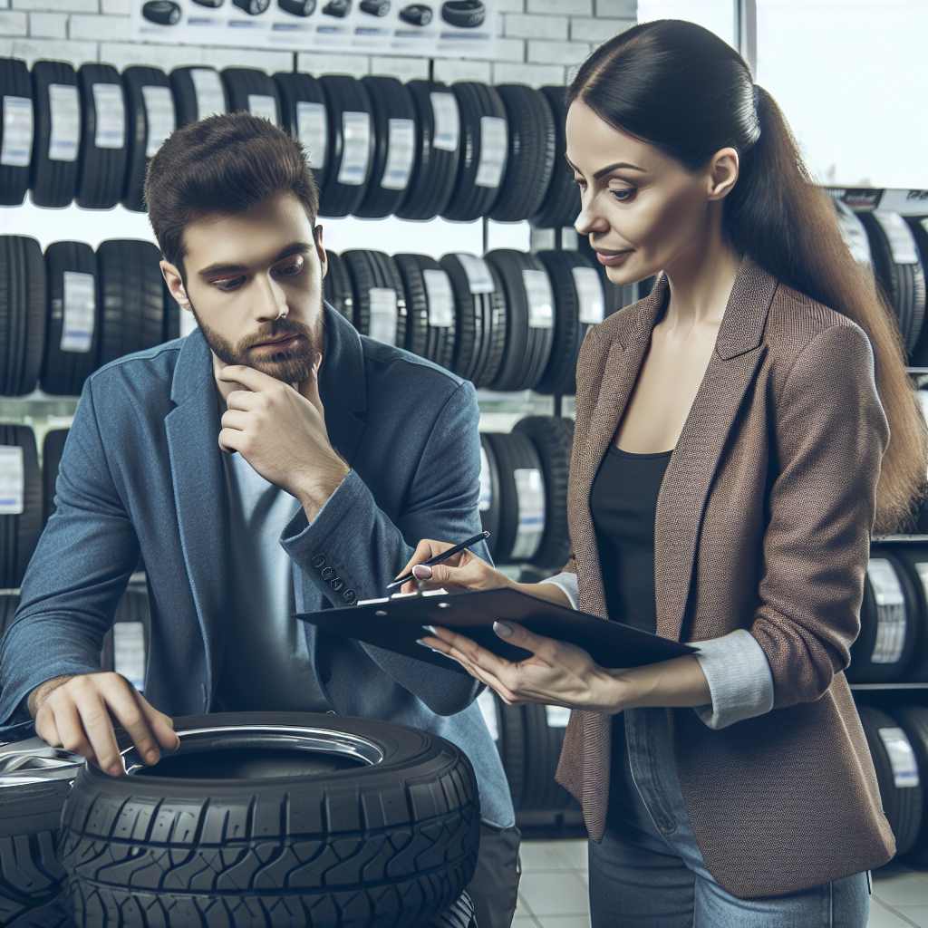 Imagine cu un sofer care alege intre diferite modele de anvelope Advance in service auto, discutand optiunea cu un consultant. Aspectul oamenilor este european, iar expresiile fetei sunt interesate; in fundal sunt prezentate diverse anvelope.