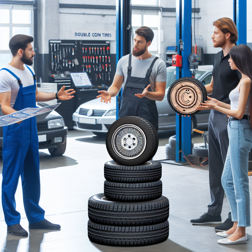 Imagine in care soferii discuta despre anvelopele double coin intr-un centru auto. Toti oamenii au un aspect european.
