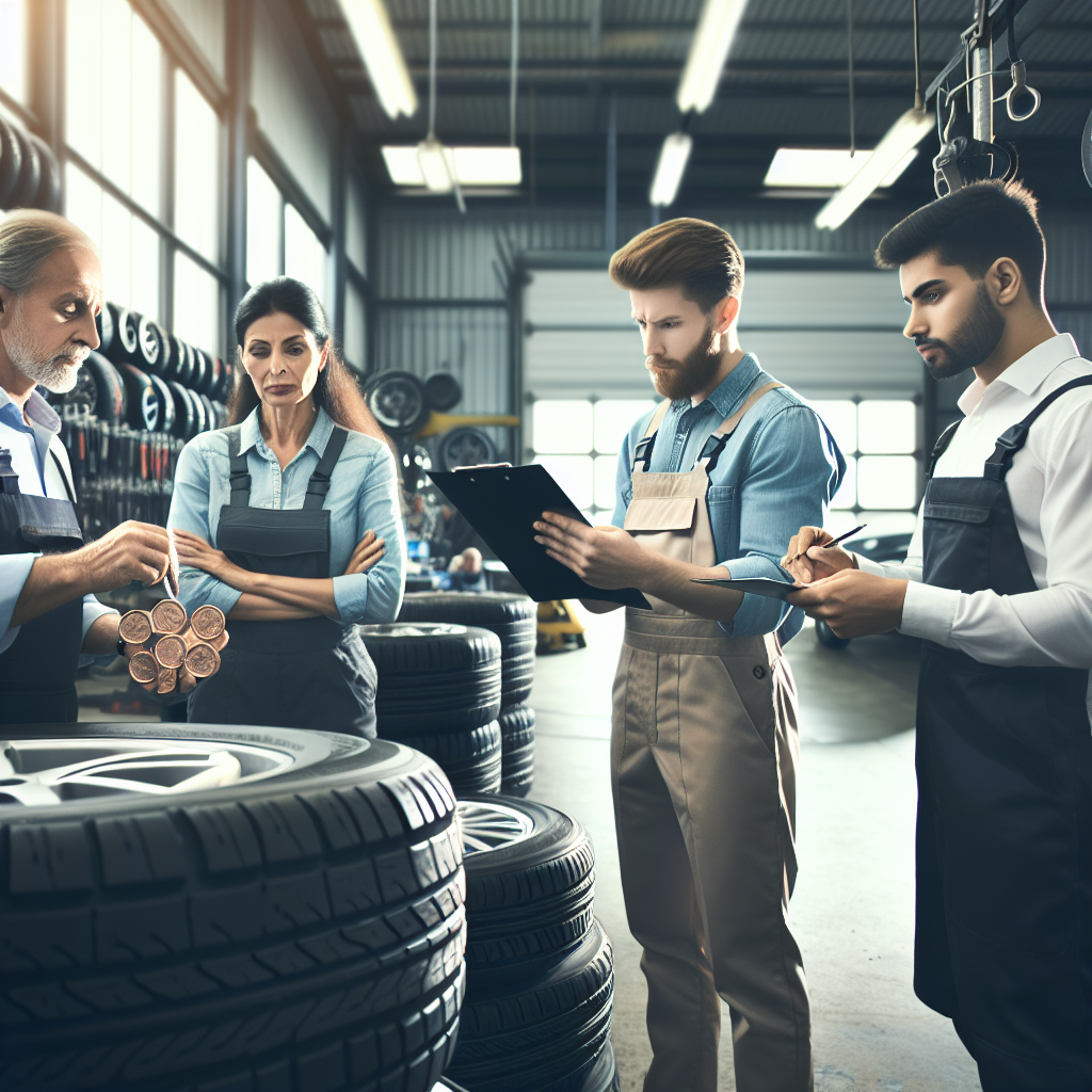 Imagine cu profesionisti din service auto care ajuta clientii sa aleaga anvelopele double coin, examinand caracteristicile si oferind sfaturi. Toti oamenii au un aspect european.