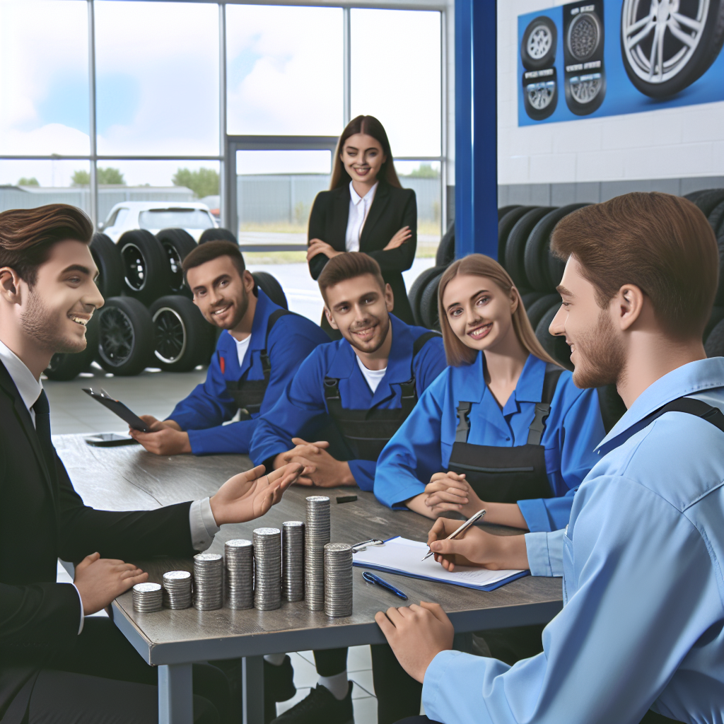 Imagine cu clienti multumiti care primesc anvelopele double coin intr-un service auto, consultandu-se cu profesionisti. Toti oamenii au un aspect european.