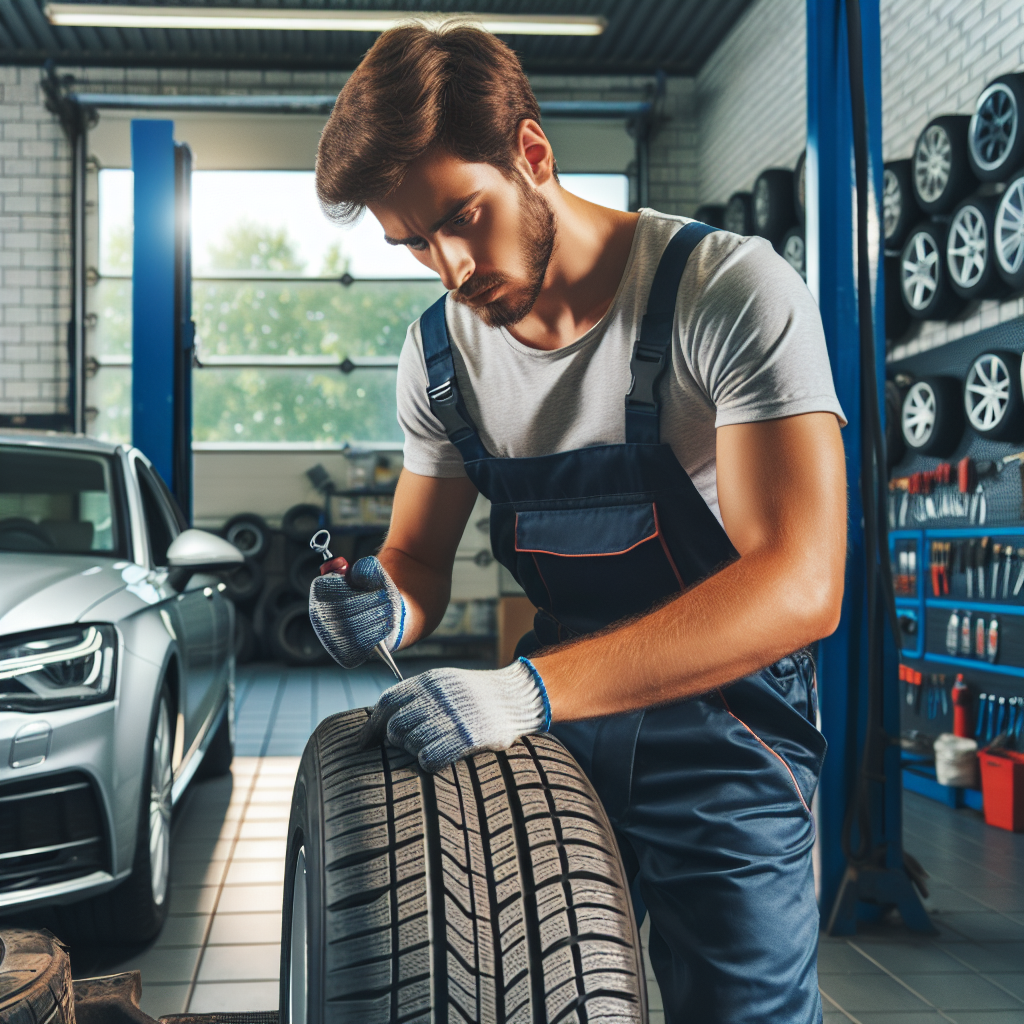Imagine cu un mecanic care monteaza profesional roti Delmax pe o masina intr-un service auto, toata lumea avand trasaturi europene.