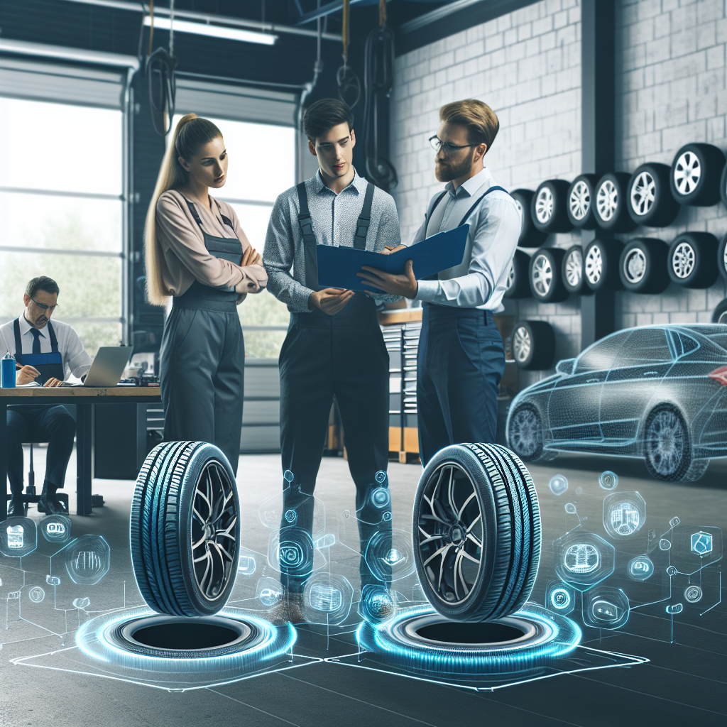 Imagine cu oameni care consulta expertiza intr-un service auto pentru a alege anvelope cu ajutorul tehnologiei moderne. Toate persoanele au trasaturi europene.