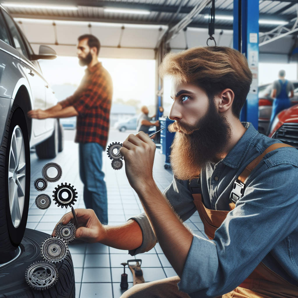 Imagine cu oameni europeni lucrand la instalarea anvelopelor pe un automobil intr-un service auto.