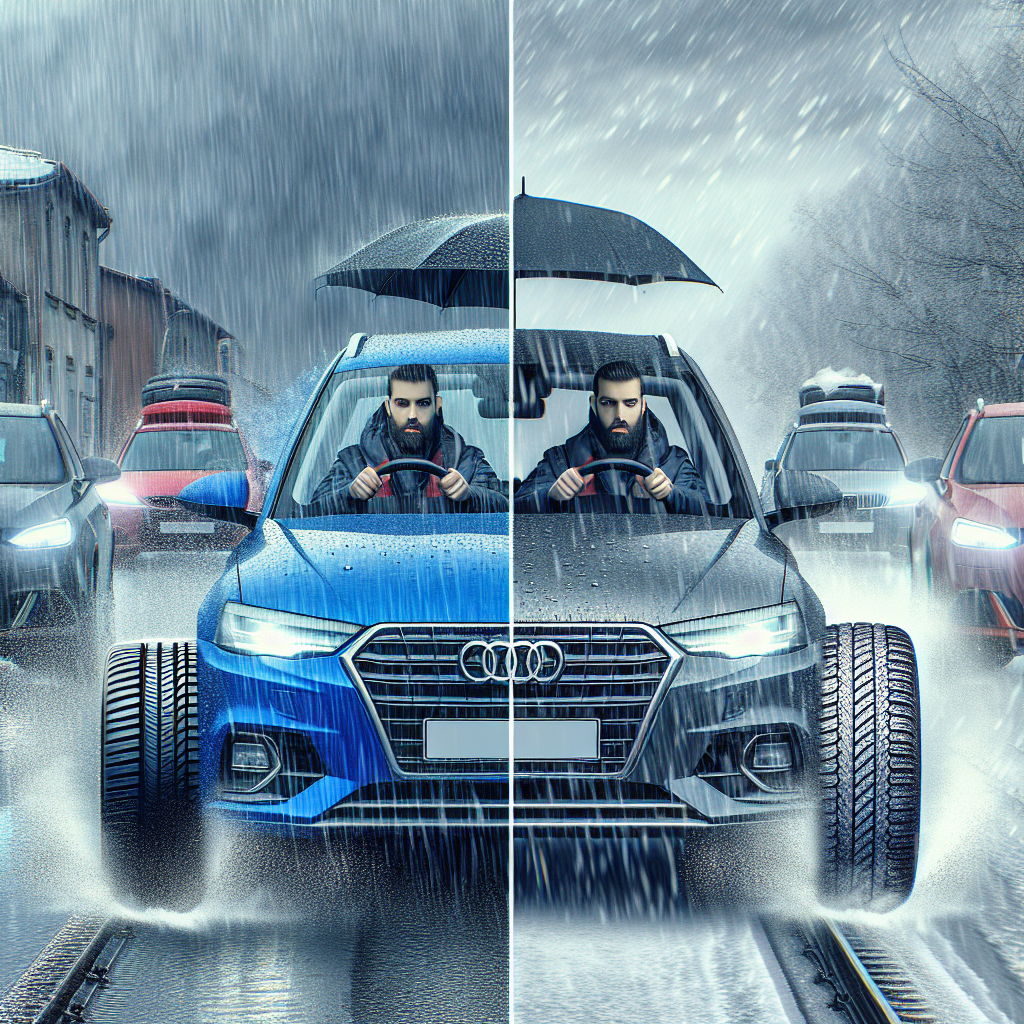 Imagine cu un automobil echipat cu anvelope cultor in diferite conditii meteorologice - ploaie, soare, pe o sosea de iarna, cu oameni europeni la volan.