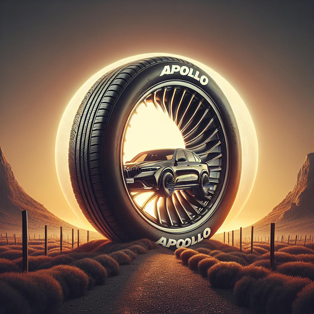 Imagine cu anvelope Apollo pe fundalul unui automobil intr-un peisaj frumos, aratand ca o fotografie reala.