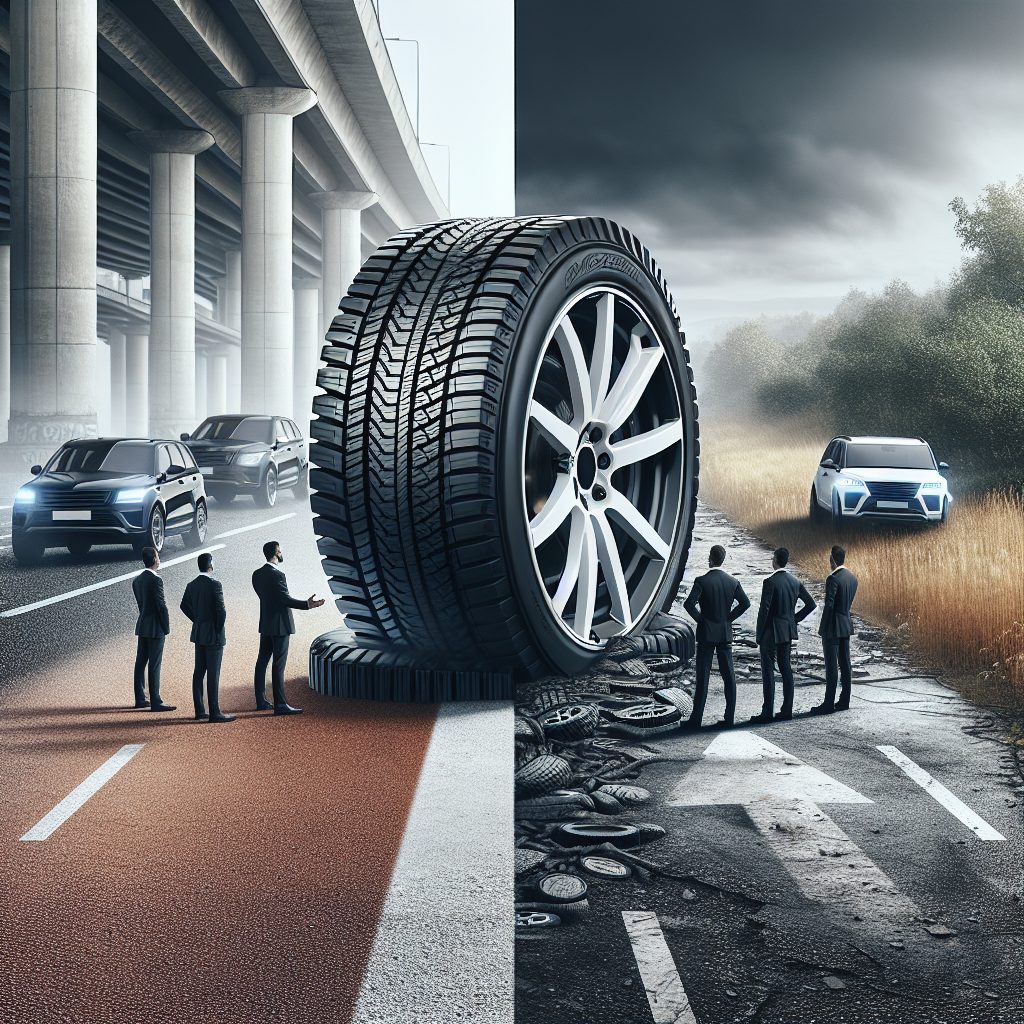 Imagine cu anvelope Blacklion montate pe un automobil, parcate pe o strada asfaltata si pe o strada neasfaltata murdara, toate persoanele de tip european.