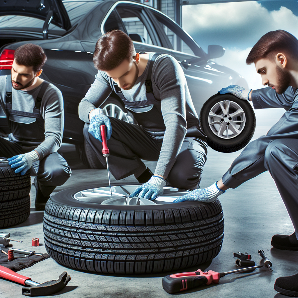 Imagine cu oameni europeni in service auto, schimband anvelopele pe un automobil si verificand starea acestora.