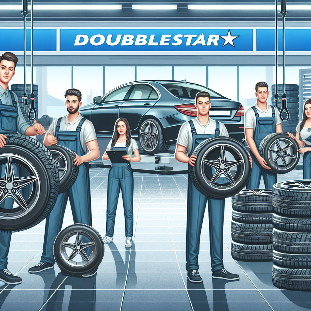 Imagine cu anvelope Doublestar intr-un service auto modern, cu oameni de origine europeana care instaleaza anvelope, intr-o atmosfera prietenoasa si profesionala.