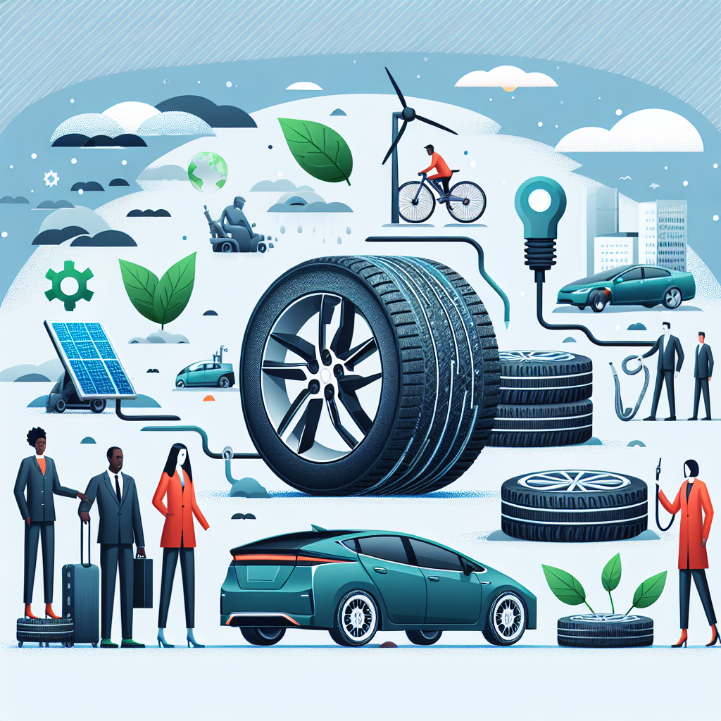 Imagine cu tehnologii moderne de fabricare a anvelopelor, inclusiv materiale ecologice si metode inovatoare, aratand anvelope pe un vehicul electric si unul hibrid in diverse conditii climatice, cu oameni de origine europeana in prim-plan.