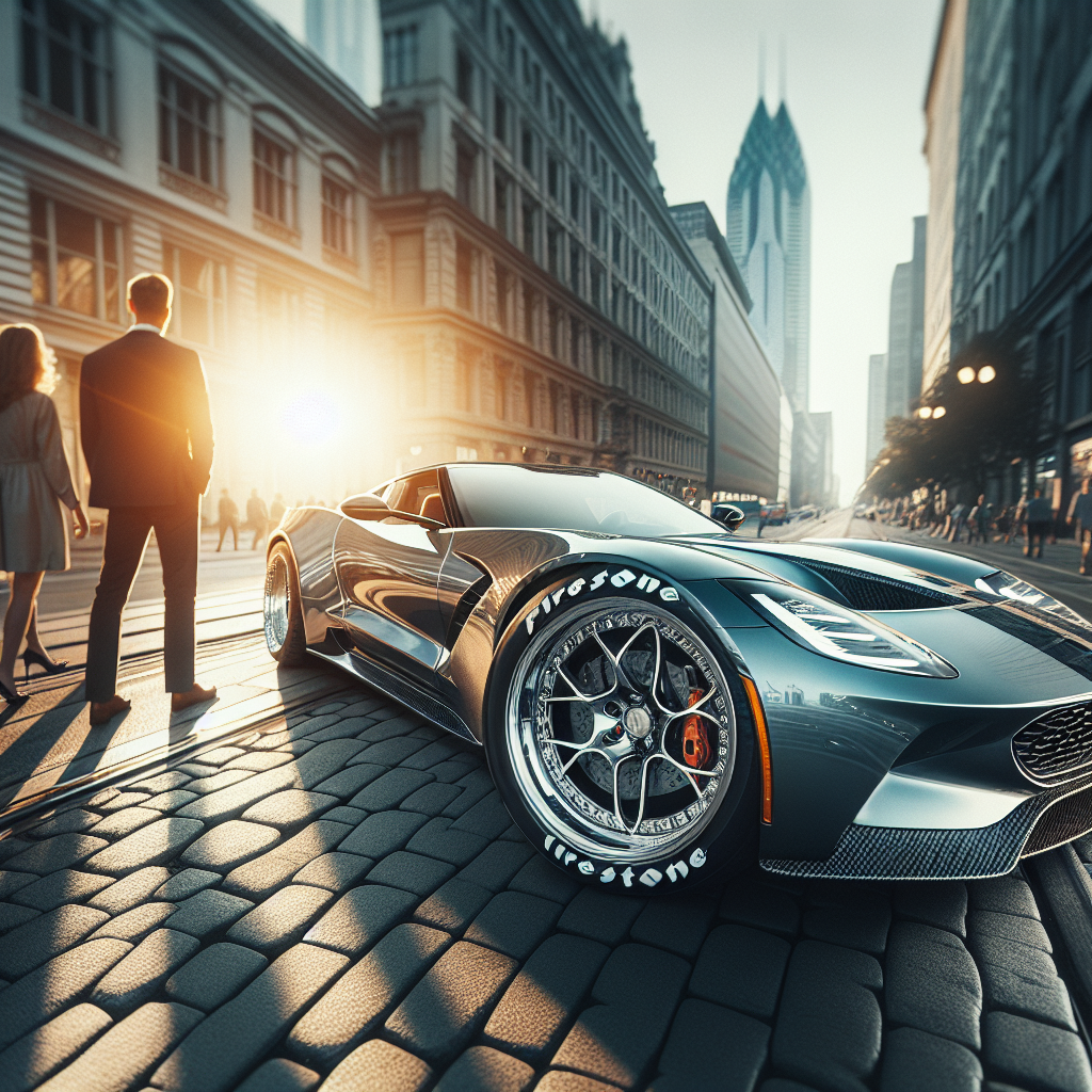 Imagine cu un automobil frumos, echipat cu anvelope Firestone, pe fundalul unei străzi de oraș într-o zi însorită de vară. Toți oamenii din imagine au un aspect european.