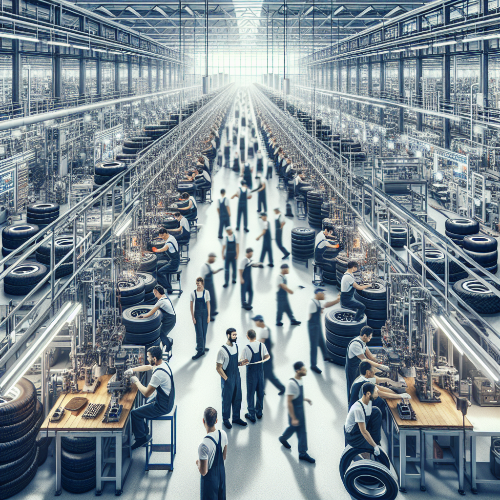Imagine cu o fabrică modernă Firestone, unde se pot vedea muncitori implicați în producția de anvelope, înconjurați de diverse modele de anvelope. Toți oamenii din imagine au un aspect european.