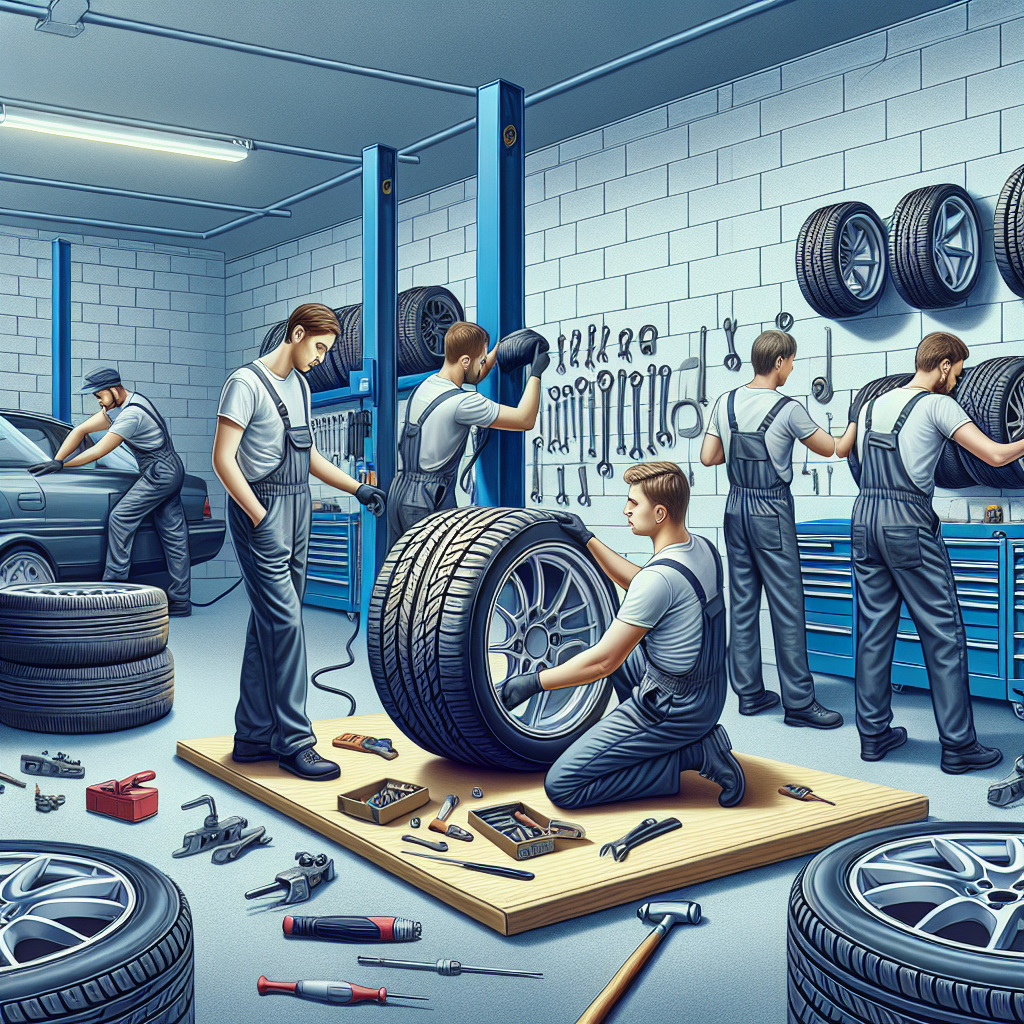 Imagine realista care ilustreaza procesul de montare a anvelopelor Farroad intr-un service auto, cu muncitori de tip european, iar fundalul continand unelte si anvelope care subliniaza profesionalismul, imaginea parand o fotografie autentica.