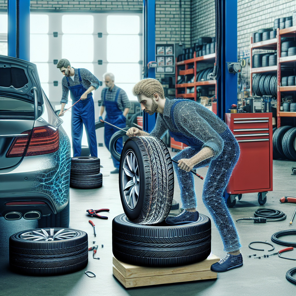 Imagine a unei anvelope pe fondul unui service auto, unde lucreaza oameni de tip european, efectuand instalarea anvelopelor. Imaginea trebuie sa fie realista, ca o fotografie.