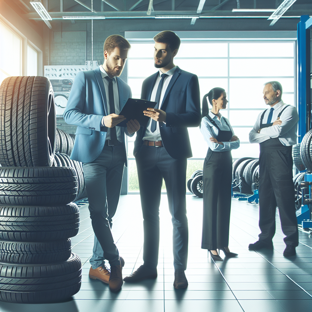 Imagine cu anvelope moderne Compasal expuse pe fundalul unui service auto. Oamenii de tip european verifica calitatea anvelopelor si discuta cu un manager imbracat in uniforma. In planul de fundal se observa echipamente pentru montarea anvelopelor.