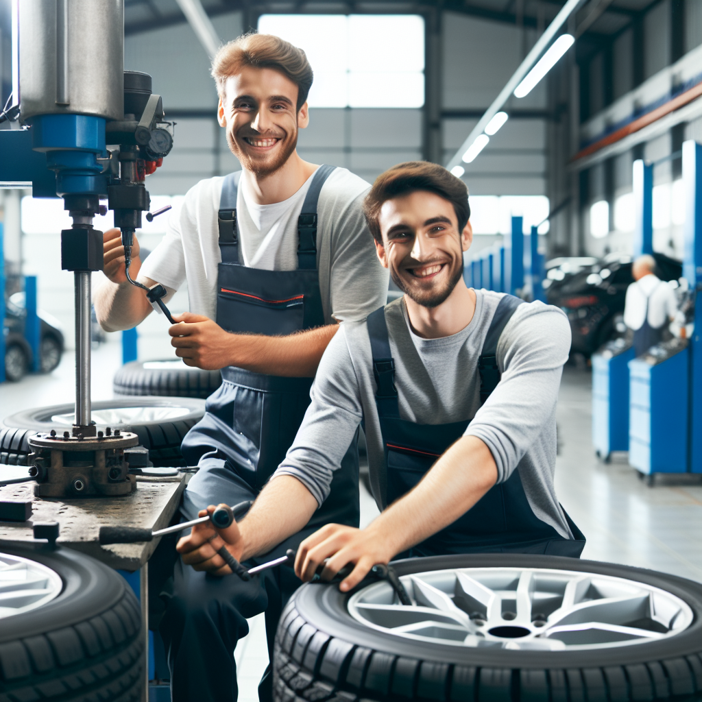 Imagine cu procesul de asamblare a anvelopelor Compasal pe echipamente specializate intr-un service auto, unde lucreaza profesionisti de tip european cu zambete si o atmosfera confortabila.
