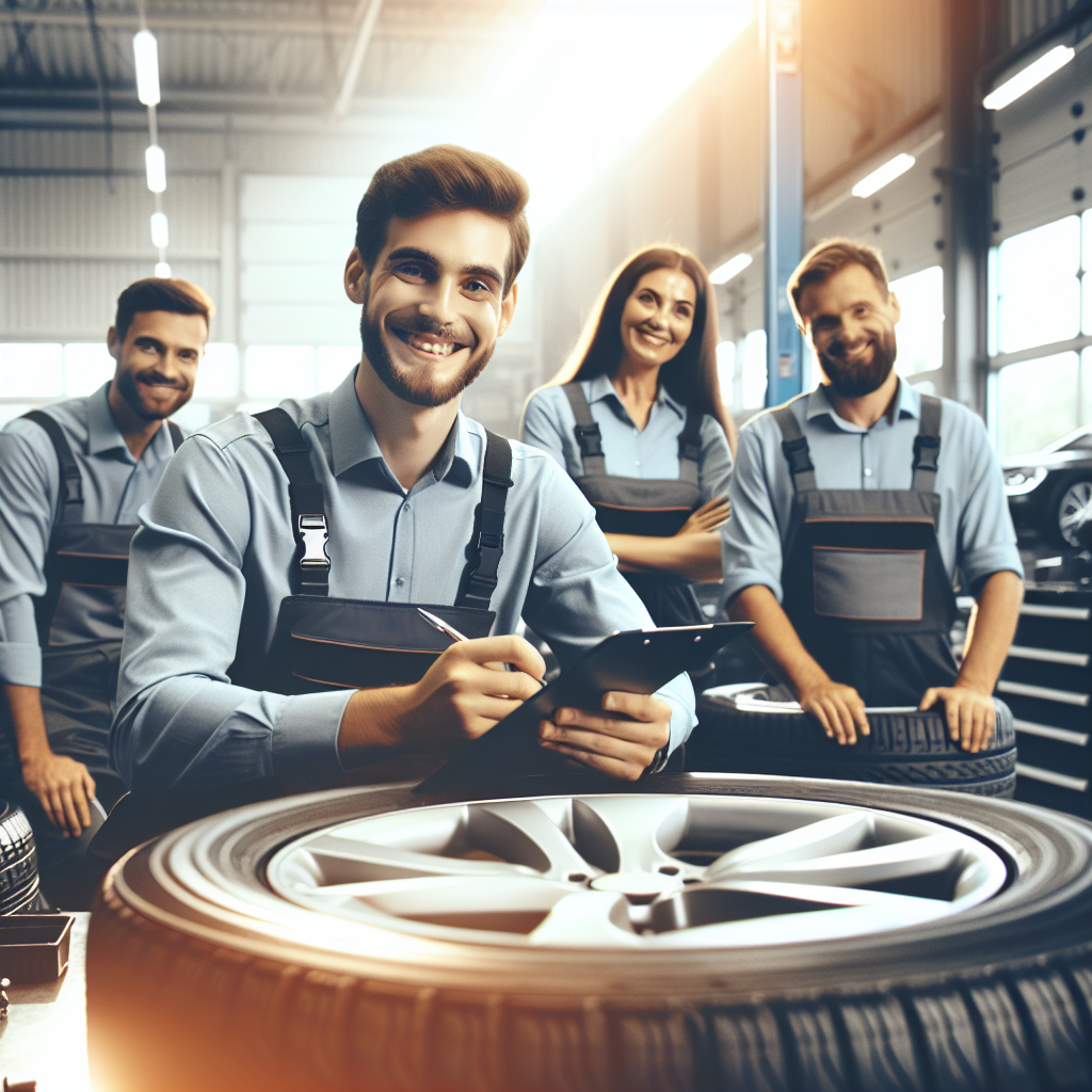 Imagine cu procesul de alegere si montare a anvelopelor Compasal intr-un service auto, unde profesionisti de tip european lucreaza cu zambete si iluminare atmosferica placuta.