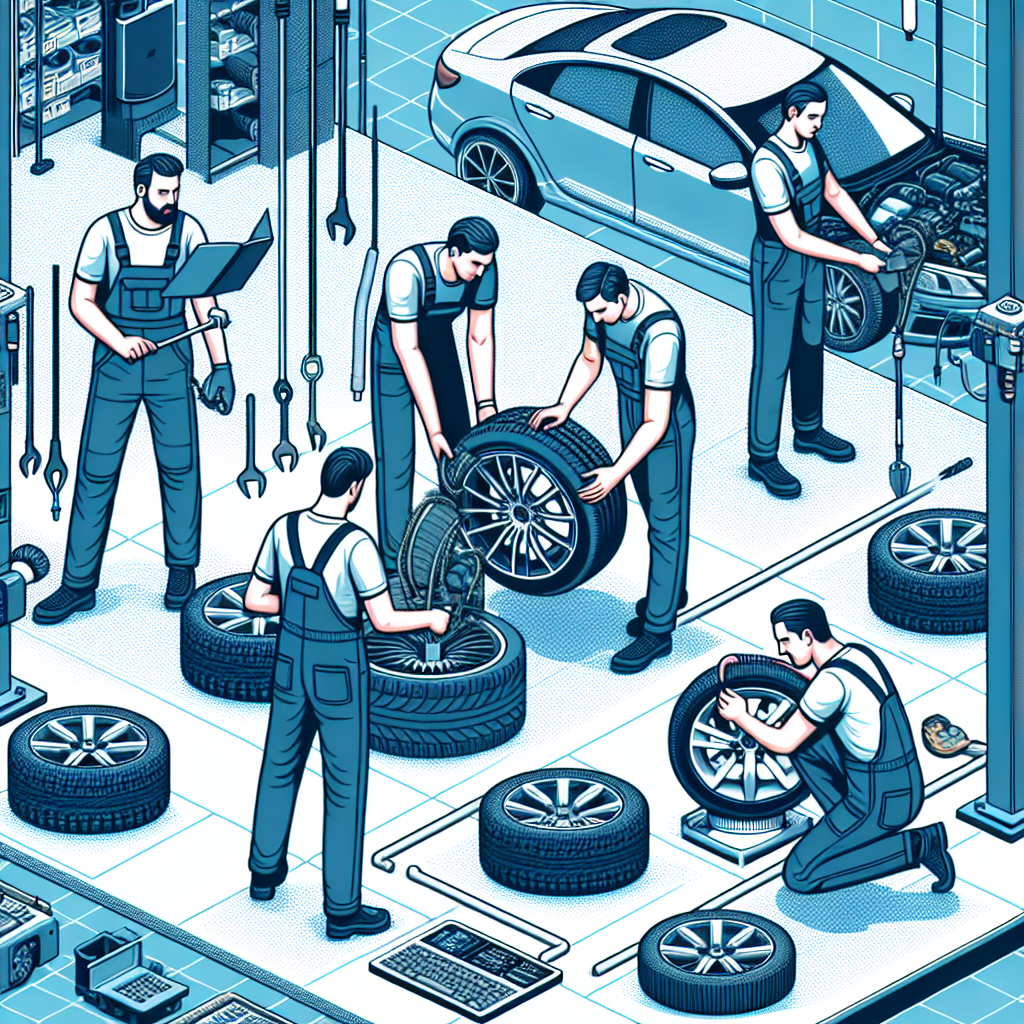 Fotografie cu oameni de tip european alegand si montand anvelope ilink pe masini intr-un service auto, aratand procesul de lucru si confortul.