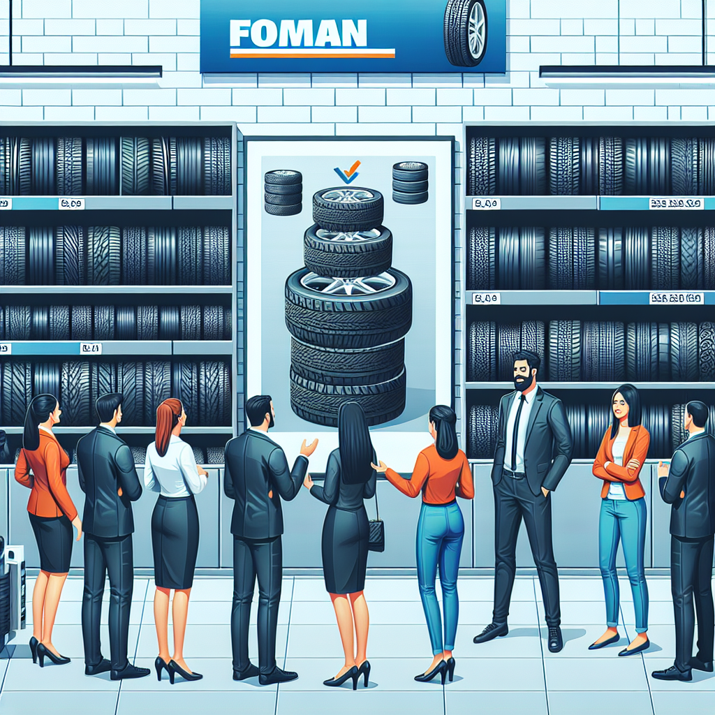 Imagine cu anvelope Foman pe un raft intr-un magazin, cu clienti multumiti si experti care discuta despre avantajele anvelopelor.
