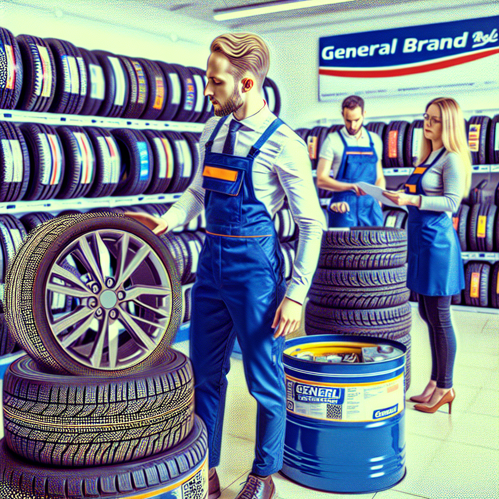 Europeanii aleg anvelope General pentru masina lor intr-un service auto, poza avand un aspect realist.