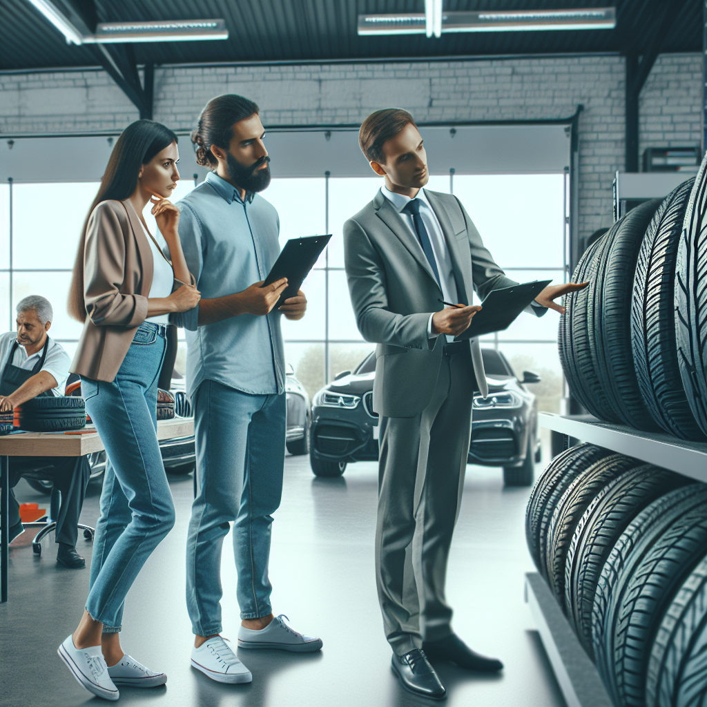Imagine care ilustreaza procesul de alegere si comparare a diferitelor modele de anvelope ilink intr-un service auto, cu participarea unor oameni de tip european.