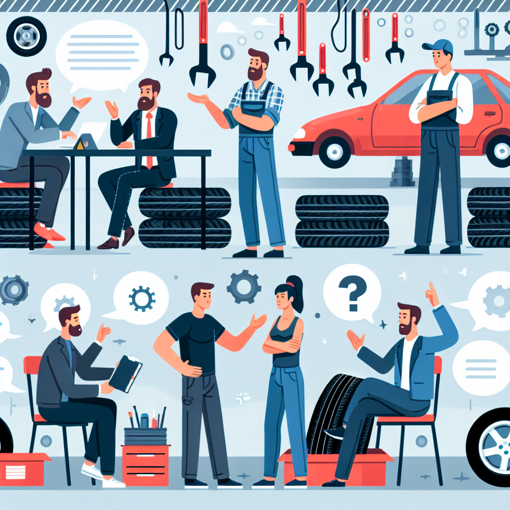 Imagine ce prezinta oameni de tip european discutand despre mituri si neclaritati legate de anvelope si consultandu-se cu specialisti intr-un service auto.