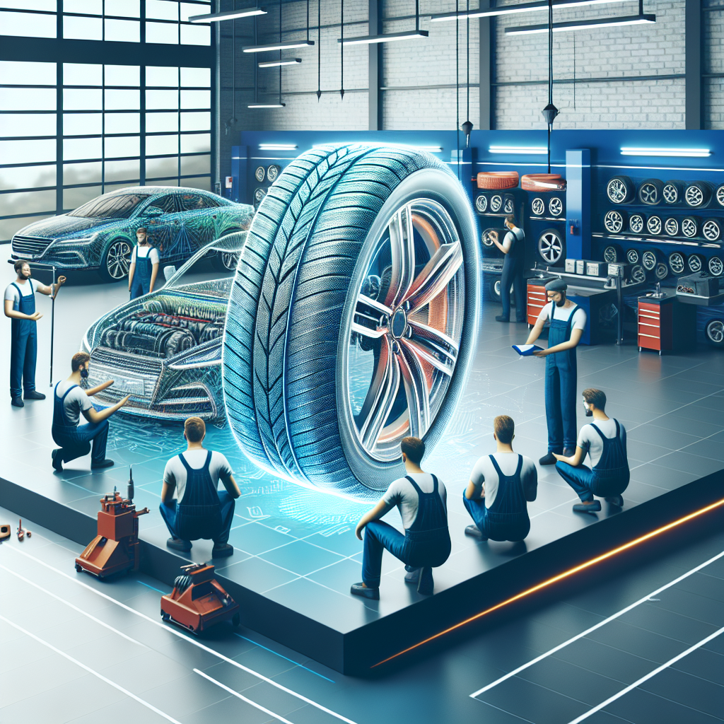 Imagine care arata anvelopele Fulda intr-un service auto modern, cu mecanici de origine europeana, in timp ce clientii discuta despre alegerea anvelopelor si serviciile oferite de atelier.