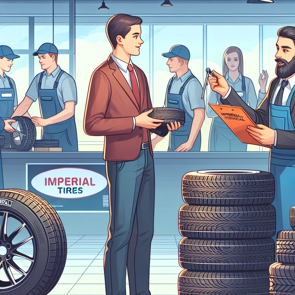 На изображении клиент покупает шины Imperial в автосервисе, на заднем плане работники, помогающие и показывающие продукцию, люди европейского типа, создающие атмосферу живого обслуживания.