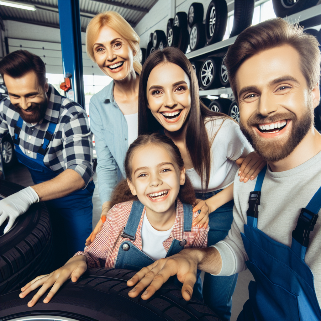 O familie europeana fericita se bucura in timp ce pun noi anvelope Haida pe masina lor la un service auto. In fundal, se pot vedea mecanici profesionisti care lucreaza si verifica anvelopele, toti avand un aspect fericit si multumit. Fotografia trebuie sa arate ca una reala.
