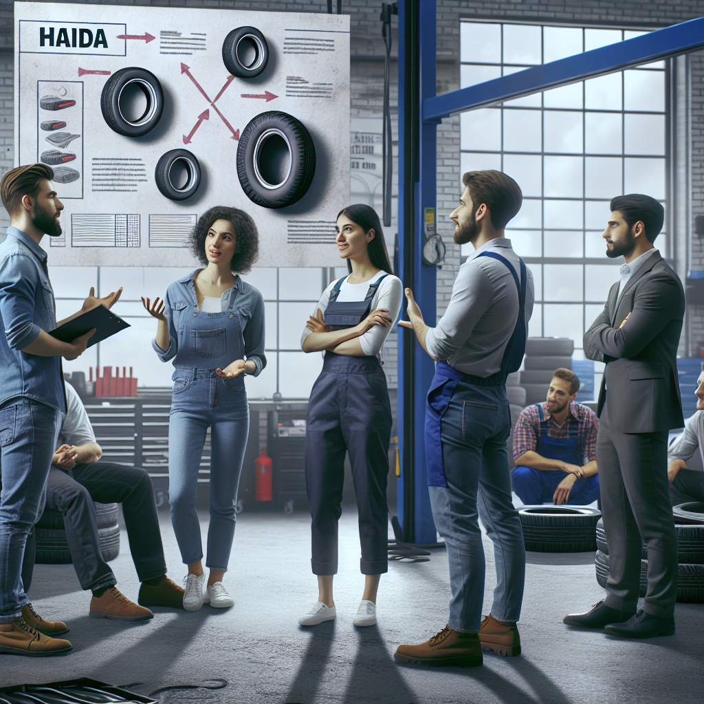 Un grup de oameni discuta despre anvelopele Haida intr-un service auto, cu diagrame vizuale si mituri despre anvelope in fundal. Imaginea trebuie sa arate ca o fotografie, astfel incat sa nu poata fi distinsa de una reala.